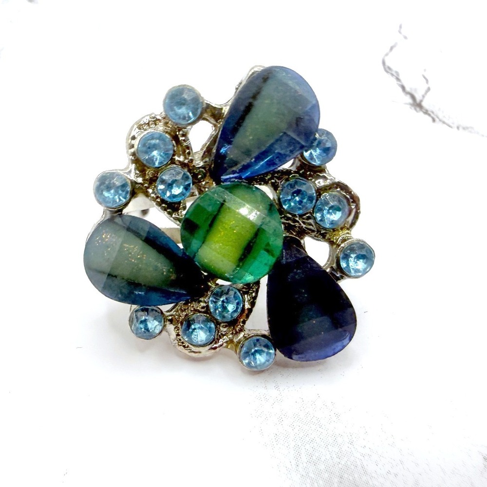 Blue Green Bead Rhinestone Adjustable Ring Size‎ 6.5 - 7 Silver Tone Band